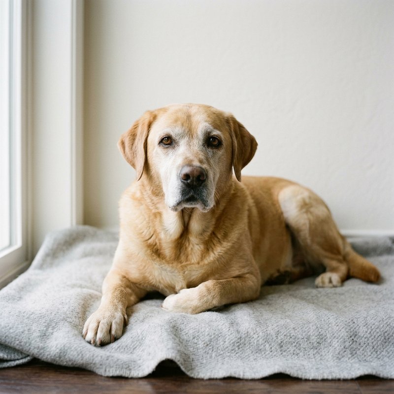 Labrador-type mix, yellow coat, grey muzzle
