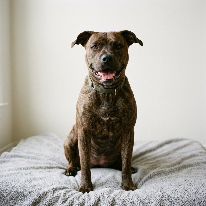 large mixed breed, short brindle coat, broad head