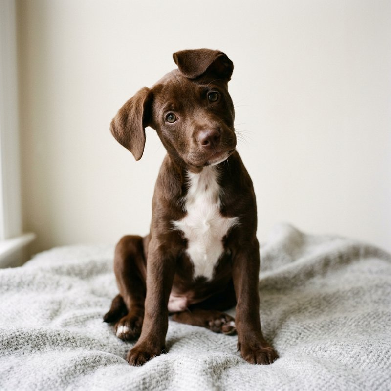 mixed breed, chocolate brown, white chest, floppy ears